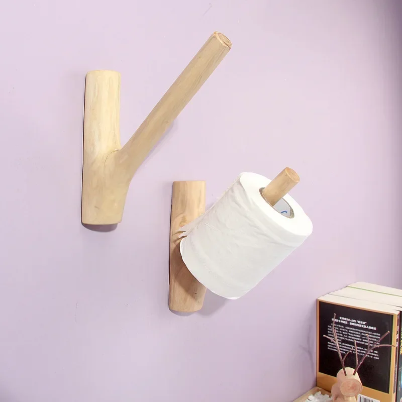 Creative Log Branch Hook Paper Roll Hanger Hole Free Paper Towel Rack Living Room Kitchen Bathroom Wall Hanging Towel Rack