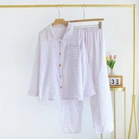 2026 Spring/Summer New Women's Sleepwear Long Set 100% Cotton Plaid Long Sleeve Long Pants Two Piece Set Collar Home Clothes - Image 2