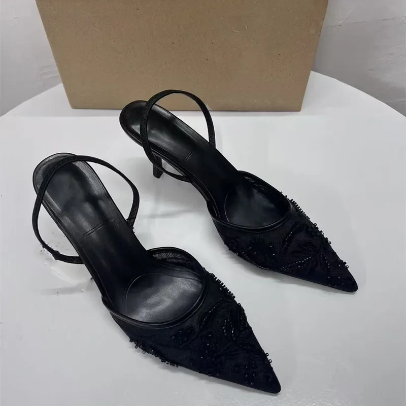 Women Embroidered Mesh Bead String Shoes Black Fashion Print Stiletto Women Slingback Pumps Sexy Pointed End Woman Sandals