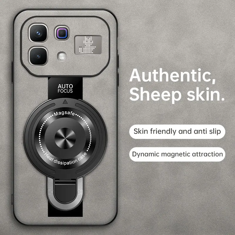 Magsafe Wireless Charging Magnetic Ring Holder Leather Case with Shockproof Soft Frame