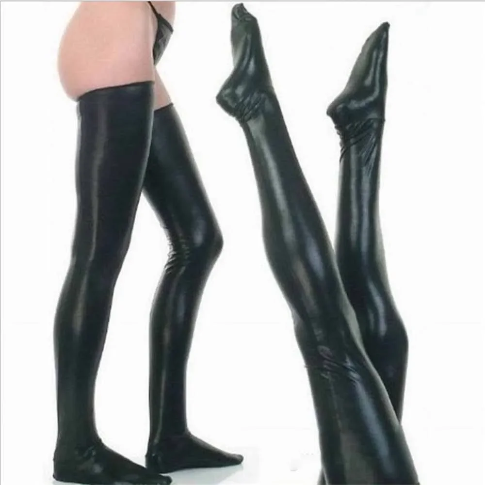 Men Stockings Men Lingerie Pu Leather Socks Unisex Exotic Wet Look Latex High Footed Sock Tights Club Wear