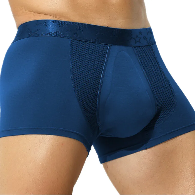 

Mens Underwear Modal Boxers Shorts Homme Mesh Panties Man Solid Antibacterial Latex Crotch 3D Pouch Underpants Cueca Masculina