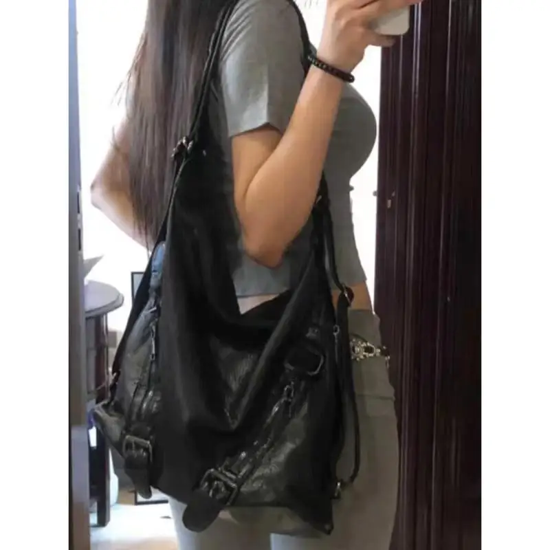 JIAERDI Hot Girls Black Y2k Backpack Women Moto Biker Pu Leather Backpacks Crossbody Bags Ladies Korean Style Mochila Aesthetic