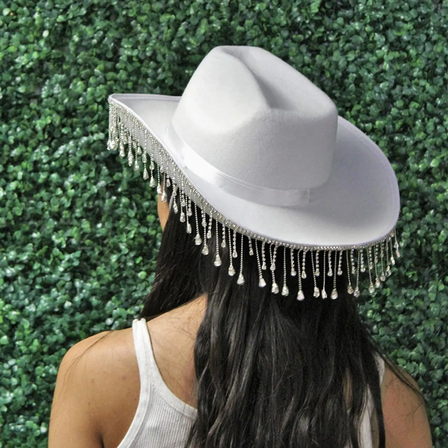New Bride White Cowboy Luxury Tassel Felt Hat Rhinestone Wedding Vintage Cowgirl Hat Party Bridal Shower Decoration Gifts