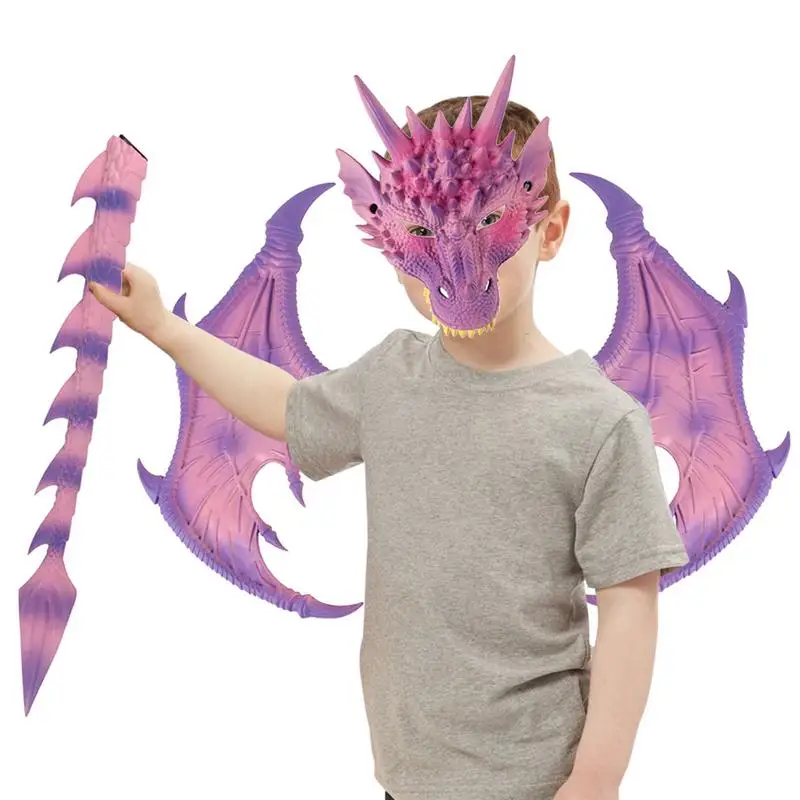 

3pcs Adjustable Dragon Mask Wings Cosplay Costume Prop Kids Kit Fantasy Halloween Props Accessory Children Rubber