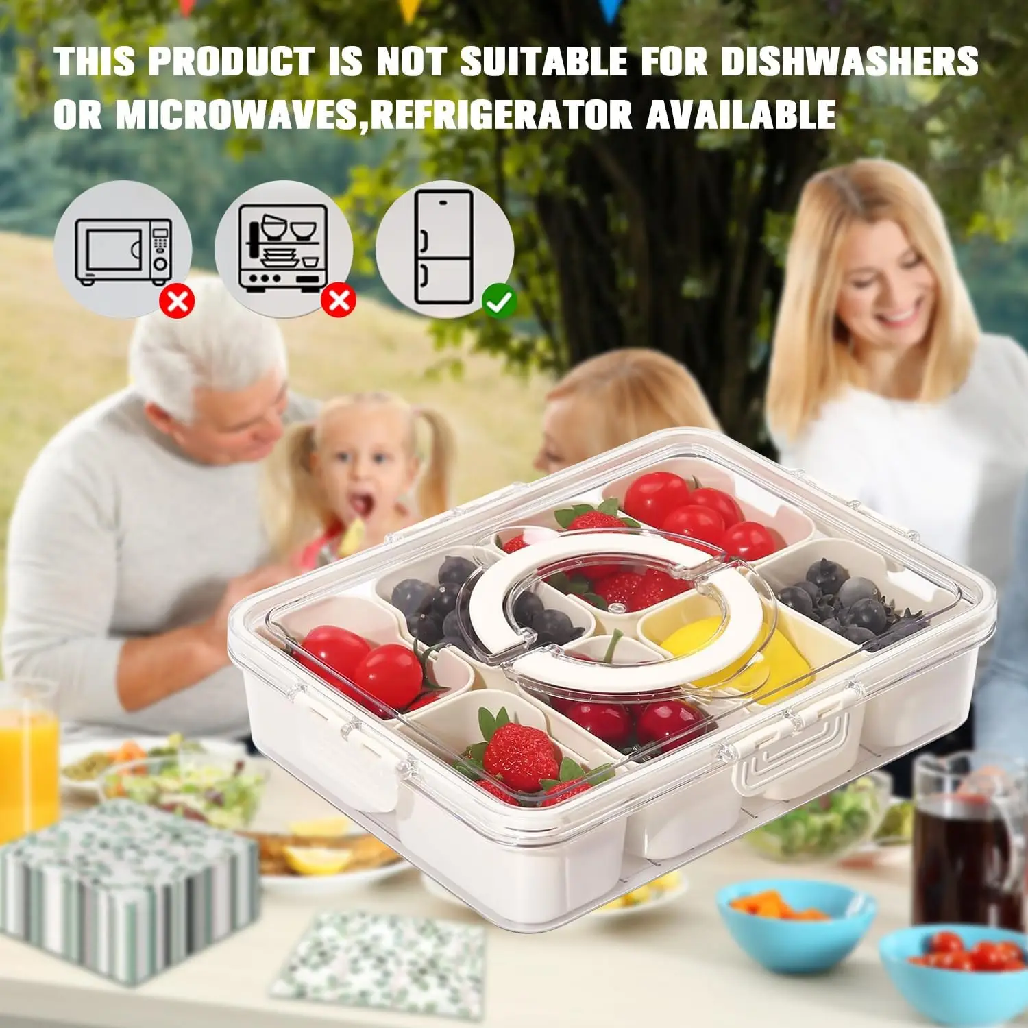 Food Storage Container With 4 Grids, Plastic Food Containers with Removable Drain Plate and Lid, Stackable Portable Freezer 5