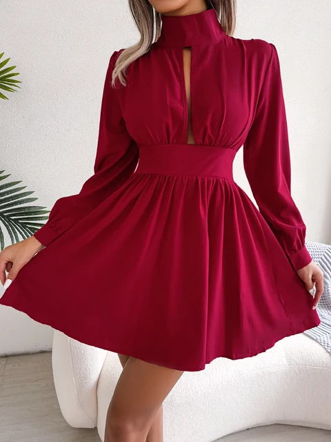 2025 Women Autumn Casual Hollow Out Long Sleeve A Line Dress Black Red White Elegant Woman Dresses 1