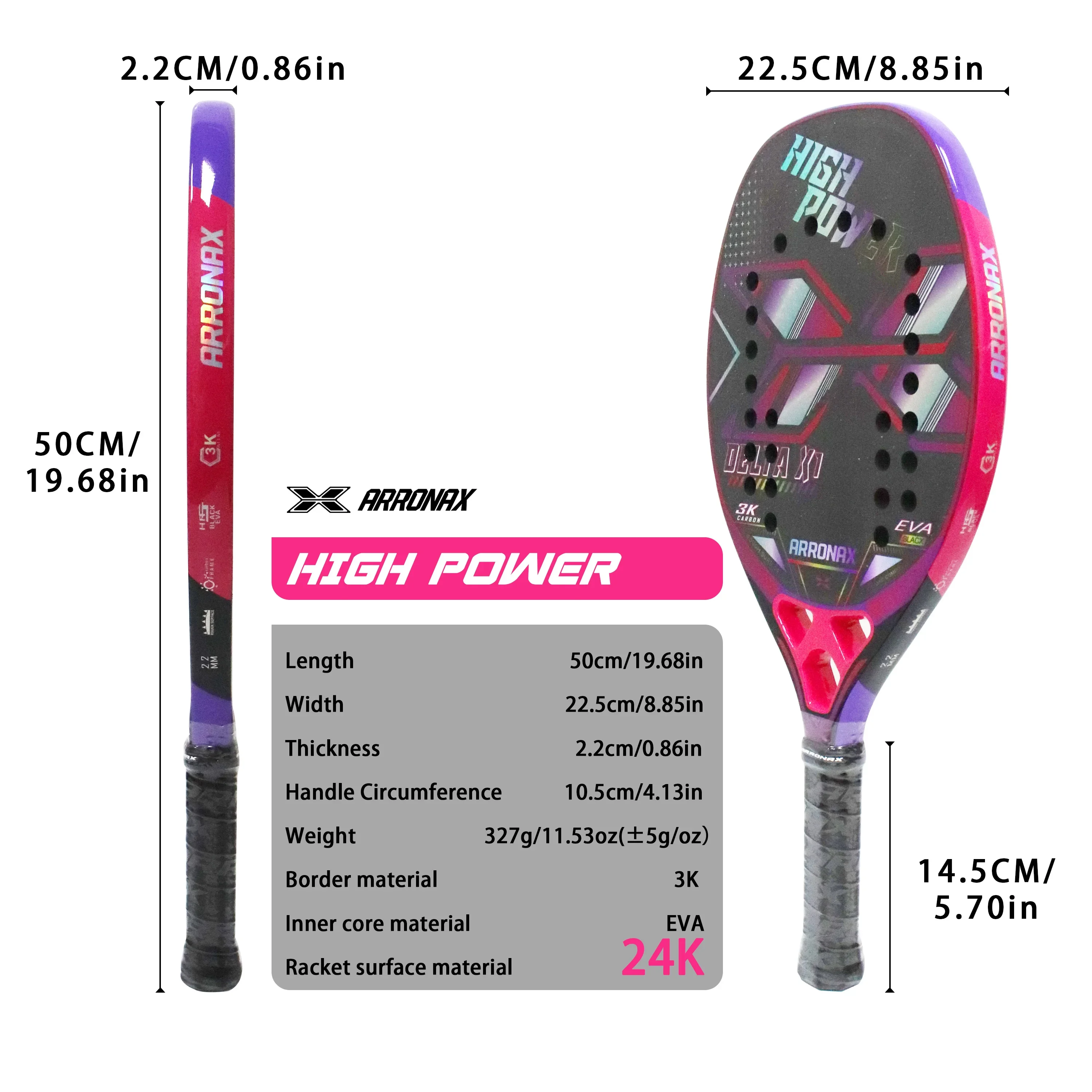 ARRONAX-Beach Tennis Racket, Carbon Fiber, 3K 12K 18K, Professional 22mm EVA Soft Round Grit, Tennis Racket with Bag