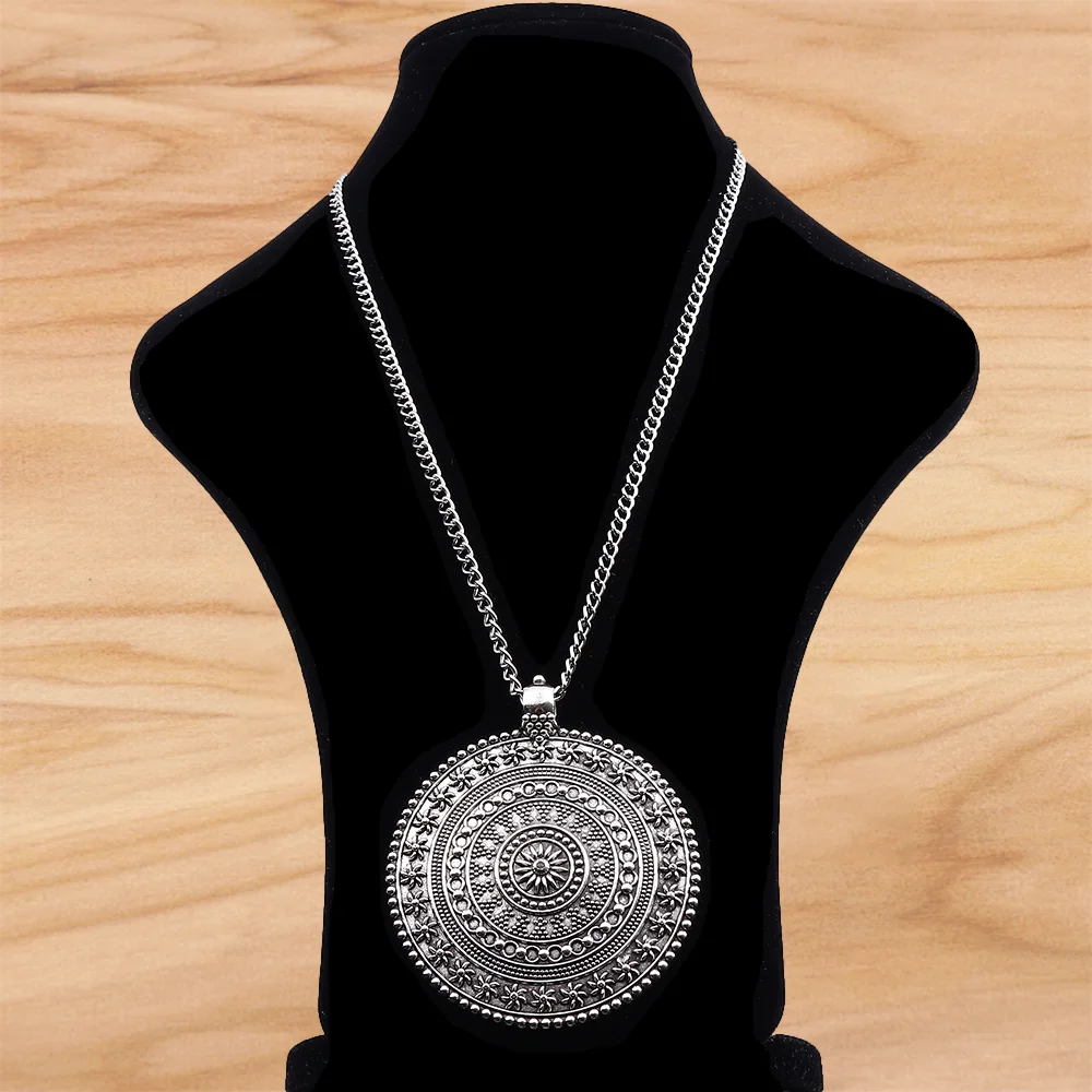 

Large Bohemia Boho Tribal Flower Medallion Round Pendant on Long Chain Necklace Lagenlook 34 Inches for Jewelry Women