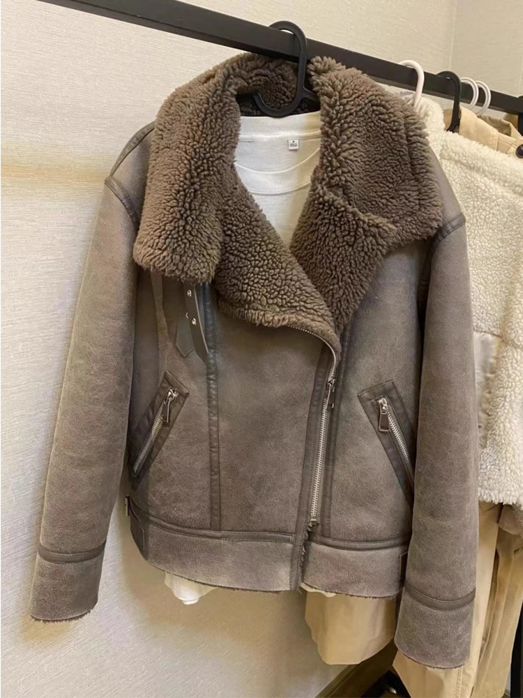 

FTLZZ New Autumn Winter Women Vintage Fashion Thick Warm Pu Fur Coat Lady Streetwear Lapel Zipper Faux Leather Lamb Fur Jacket