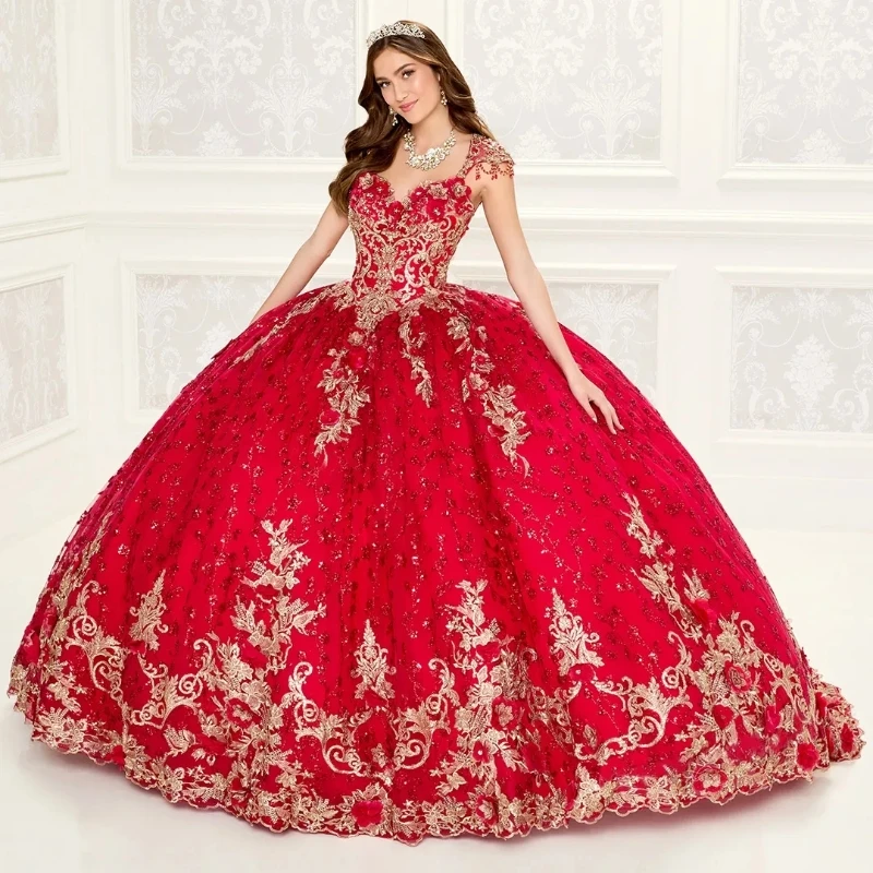

Sparkly Red Quinceanera Dresses Ball Gown Off The Shoulder Gold Appliques Lace Beads Tull Sweet 16 Dresses 15 Años Mexican