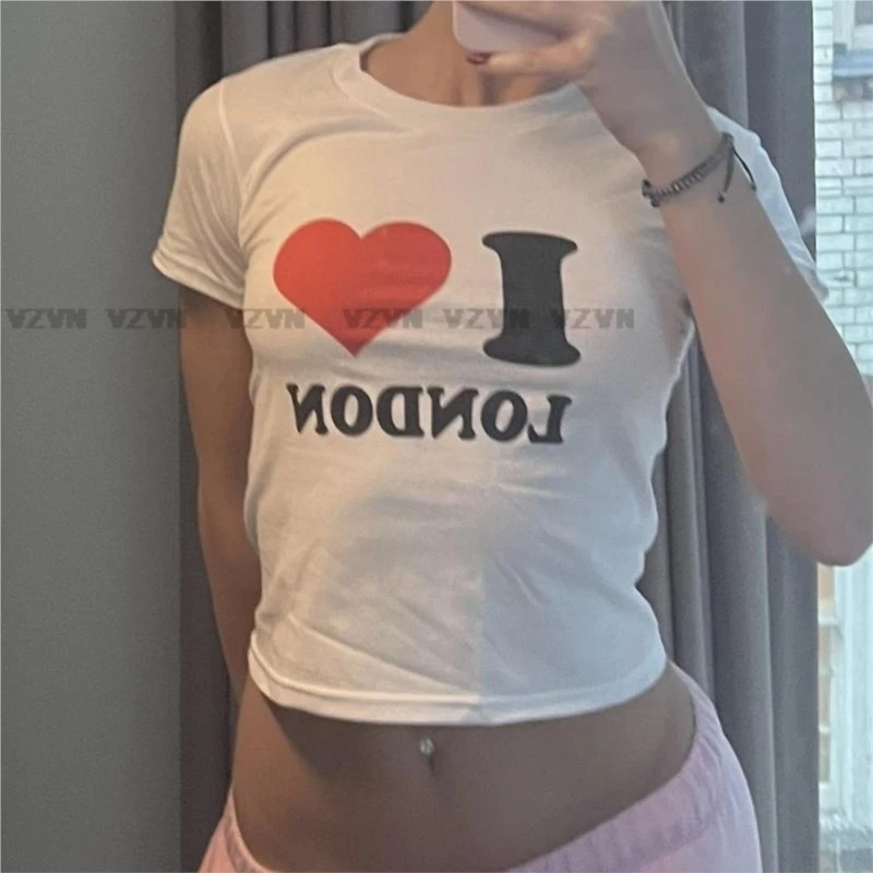 Girls Summer vintage Crop Tops Harajuku Punk I Love London Lettrer T Shirt Short Sleeve fashion Clothes y2k emo o-neck Baby tees - 3