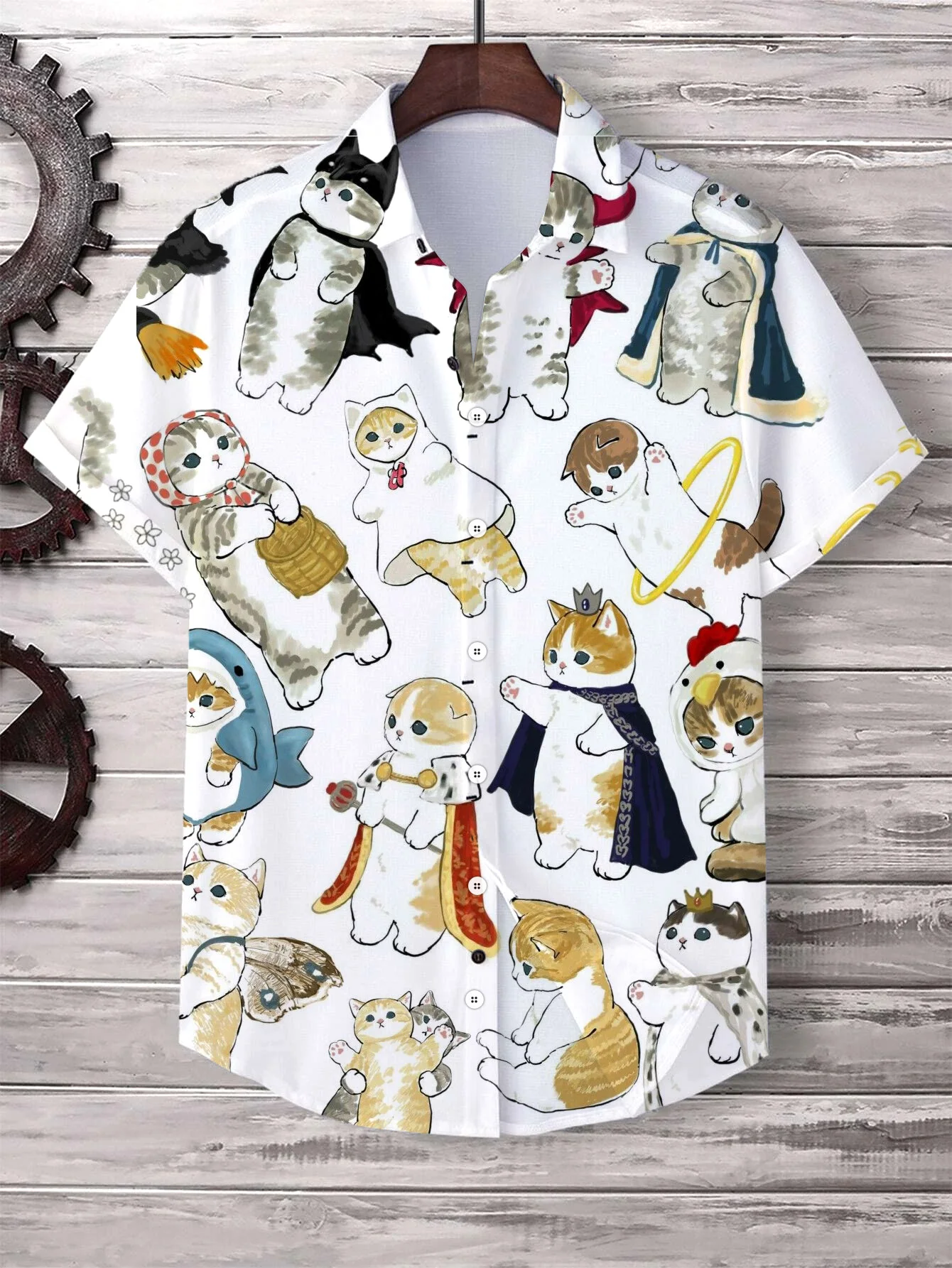 Hawaii Men's Shirt Cute Cartoon Cat 3D Printed Tops Casual Women Short Sleeves Shirts Button Lapel Oversized Unisex Clothing 4