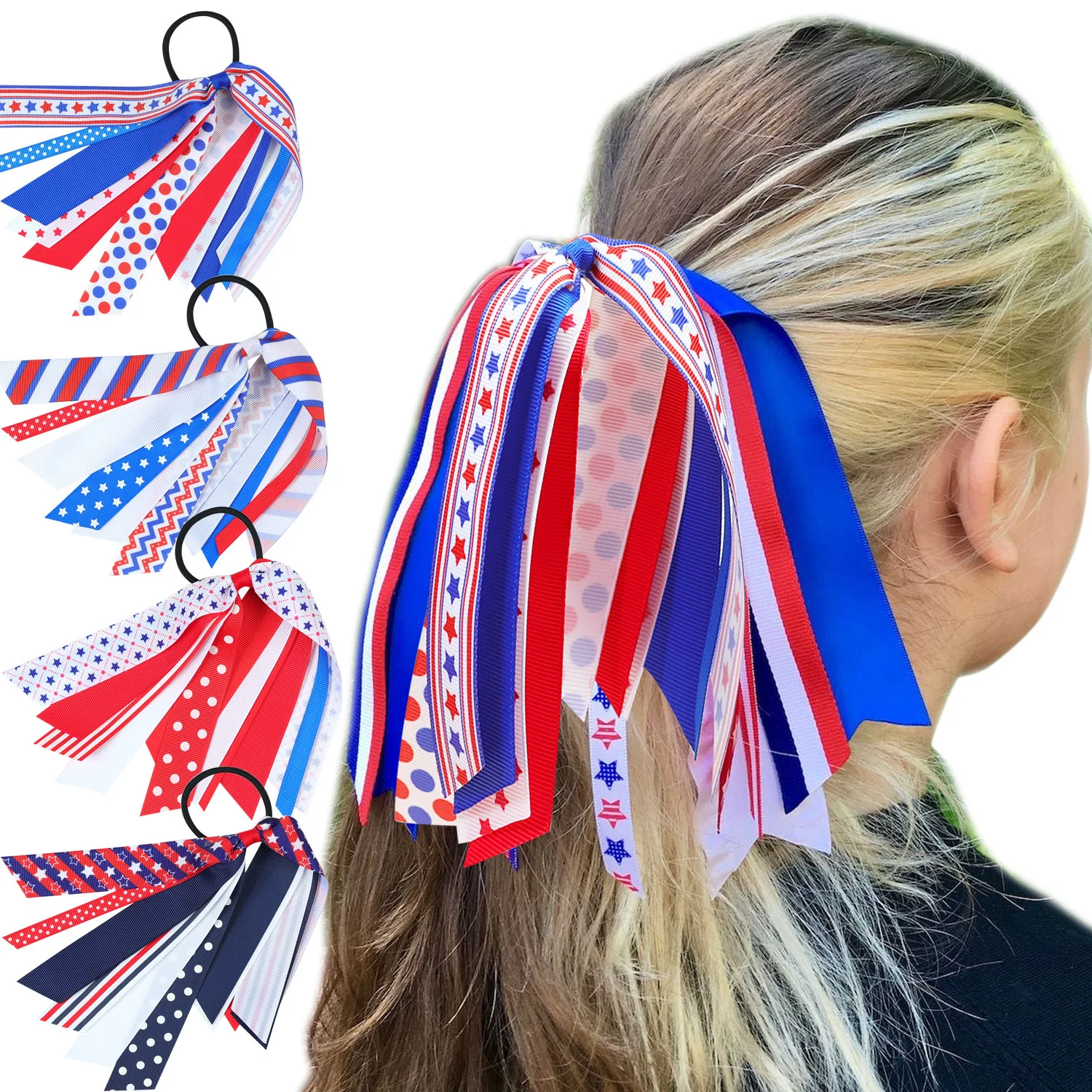 

40 PCS/Lot, 4th of July Long Ribbon Ponytail Hair Rope Independence Day American Flag Patriotic Bows Elastic Hair Ties