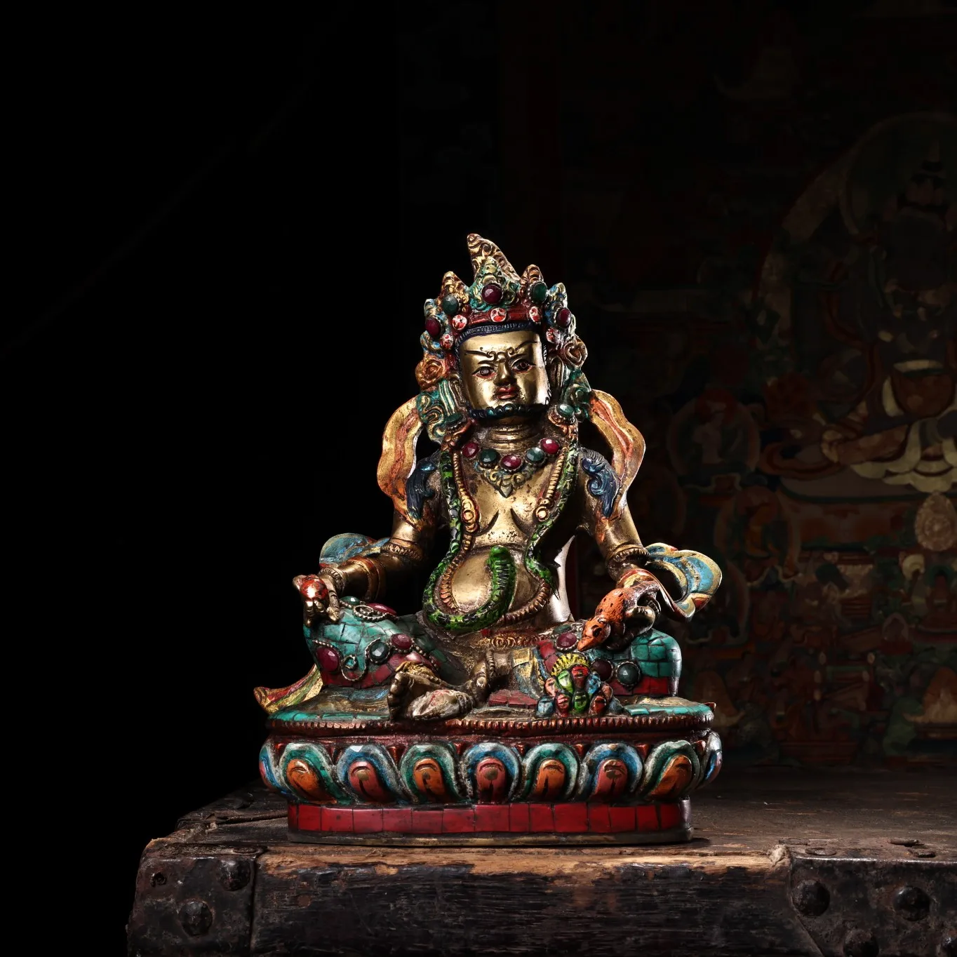 

9"Tibetan Temple Collection Old Outline in gold Bronze Mosaic Gem Turquoise Yellow Jambhala Buddha Worship hall Town House