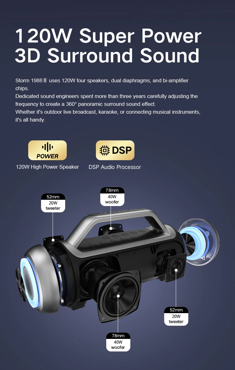 Xdobo Sinoband 고출력 휴대용 무선 120W BT 5.3 강력한 사운드 파티 카라오케 슈퍼 베이스 스피커 2개의 마이크 포함