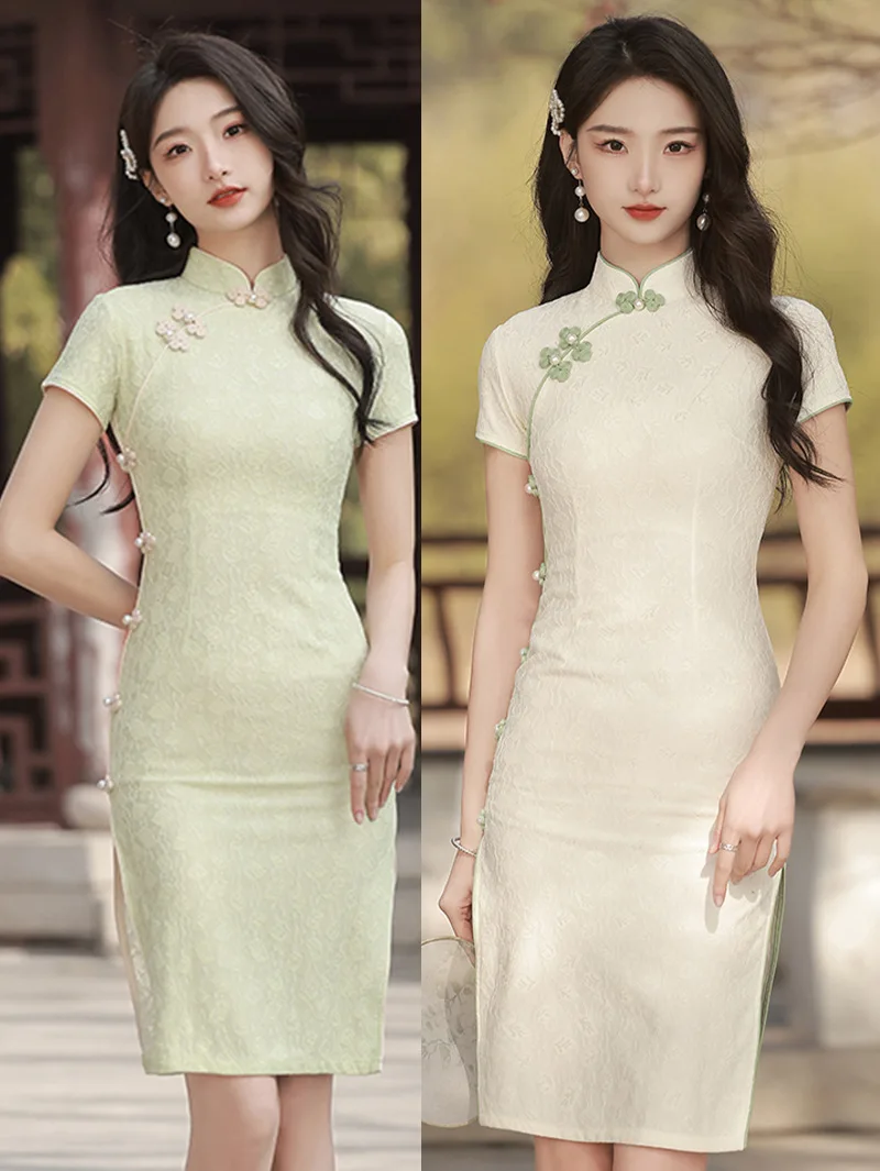 

Spring Mandarin Collar Chiffon Cheongsam Young Girls Split Chinese Handmade Buttons Qipao Evening Party Dress