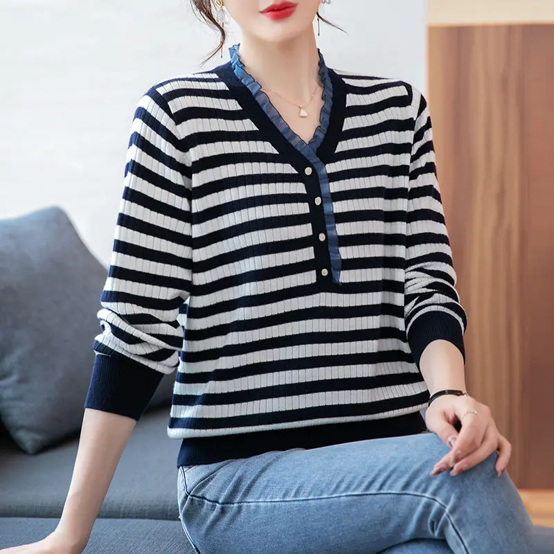 

Autumn and Winter Women's Pullover V-neck Button Stripe Spliced Mesh Loose Knitted Bottom Shirt Casual Fashion Long Sleeve Tops