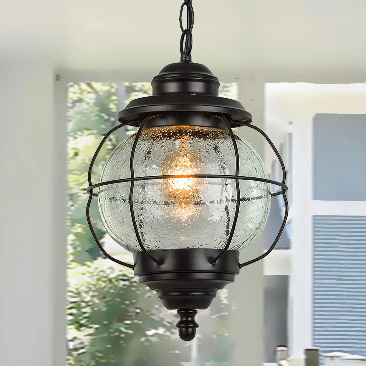 

Pendant Lights, Farmhouse Ceiling Hanging Porch Fixture in Black Metal with Clear Bubbled Glass in Iron Cage Frame, Exterior La