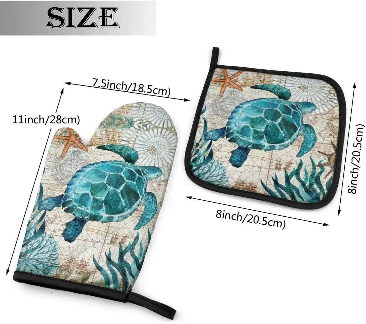 Marine Life Theme Sea Turtle Heat Resistant Hot Oven Mitts & Pot Holders Oven Gloves for BBQ Cooking Baking Grilling