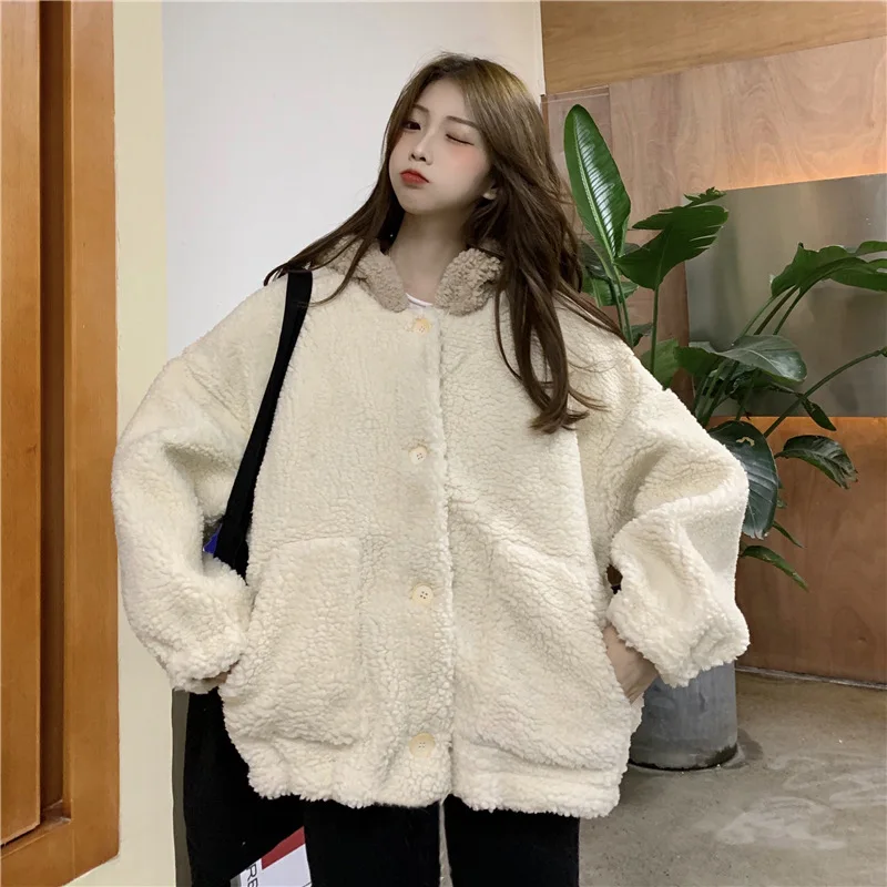 Faux Lamb Wool Cute Ears Hooded Cardigan Casual Jacket Women 2024 New Autumn and Winter Loose Long-sleeved Women's Clothing