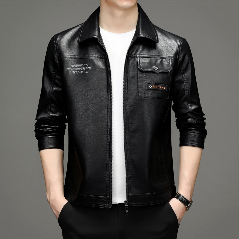 New men's leather jacket short locomotive leather jacket lapel Korean slim fashion shawl coat black leather jacket mens