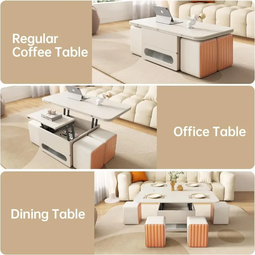 Coffee Table, 3 in 1 Multifunctional Folding Center Tables with 4 Leather Stool & Hidden Compartments, Lift Top Coffee Table