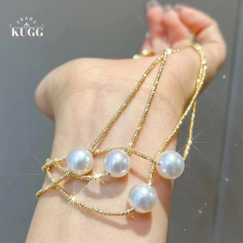 KUGG PEARL Solid 18K Yellow Gold Necklace Natural Akoya Pearl Romantic Collarbone Necklace for Lady Party Jewelry