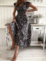 Plus Size 1XL-5XL Women's Fashion Summer Floral Print V-Neck Ruffle Hem Dress Ladies Short Sleeve Elegant Flare Dress Long Dress - Image 5