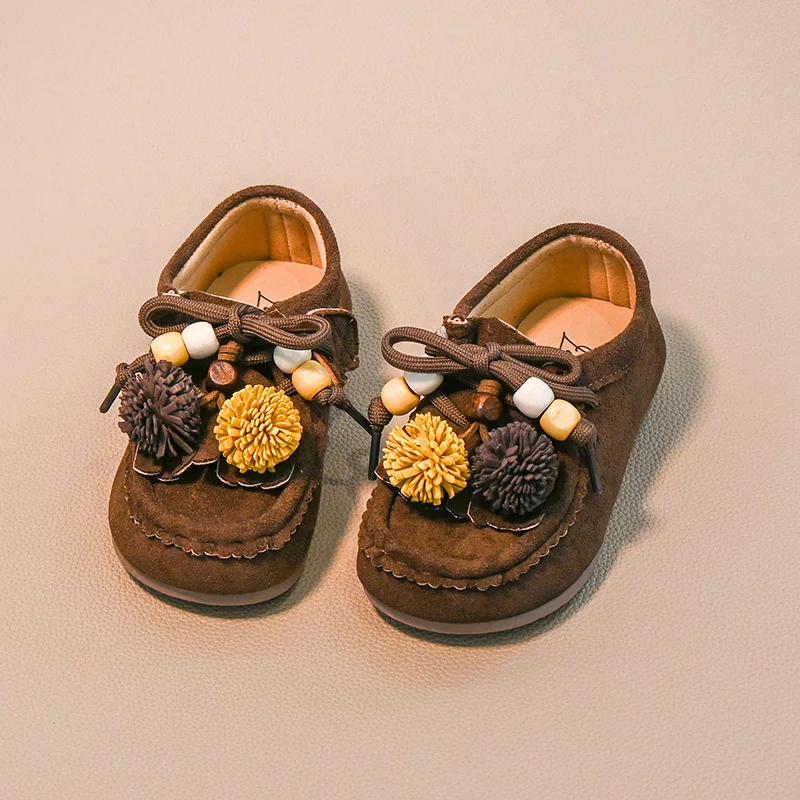 Leather Girls Flat Shoes Coffee Color Wedding Party