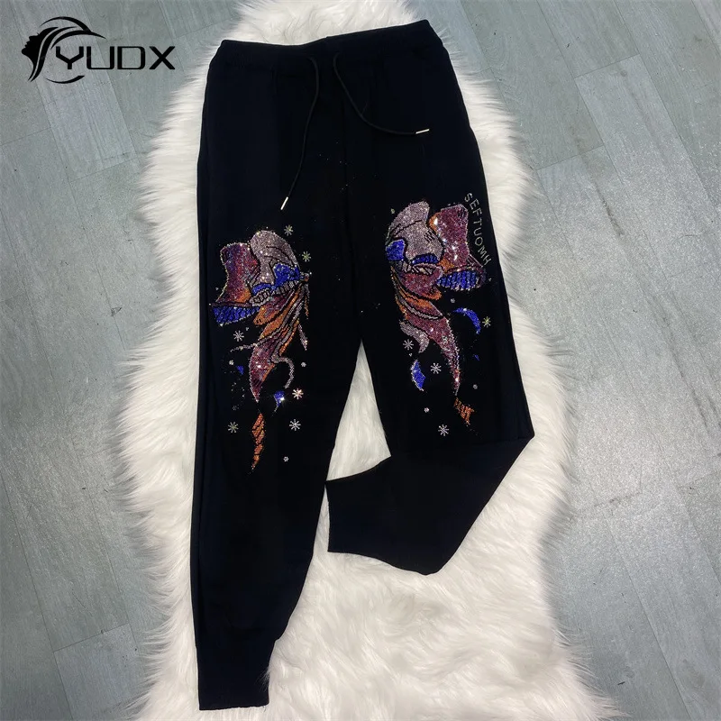 

YUDX New Spring Summer Women Trousers Drawstring Elastic Waist Knitted Sweatpants Hot Drilling Casual Harem Pants All-match