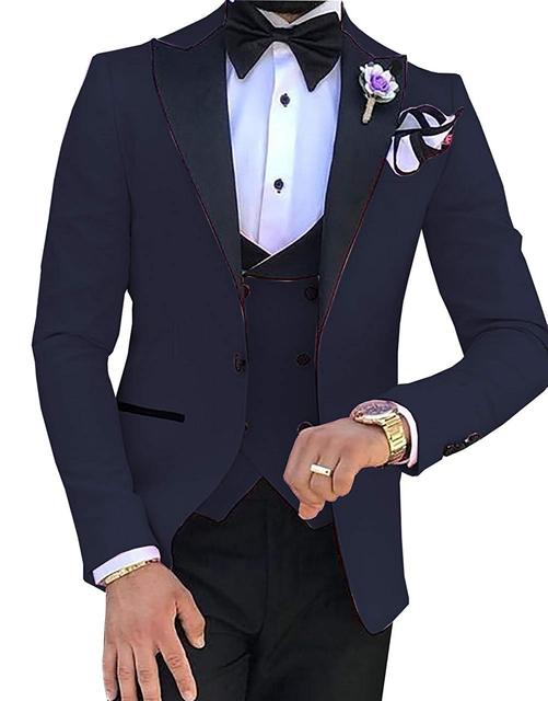 2023 Men 3 Pieces Suits For Men Custom Made Groom Groomsmen Tuxedos Wedding Men Suit Terno Masculino(Jacket+Pant+Vest) - Navy Blue, XXXL