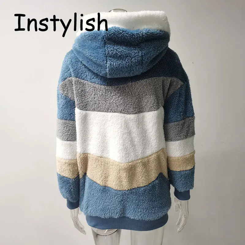 Women Elegant Striped Plush Hooded Coat Winter Thick Warm Loose Fleece Teddy Jackets Vintage Harajuku Oversized Outwear 2023