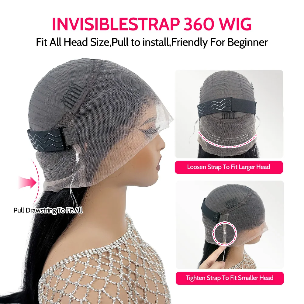 Invisi Strap 360 Full Lace Wig Glueless Wig Human Hair Brazilian Straight Lace Frontal 360 Snug Fit Transparent Strap