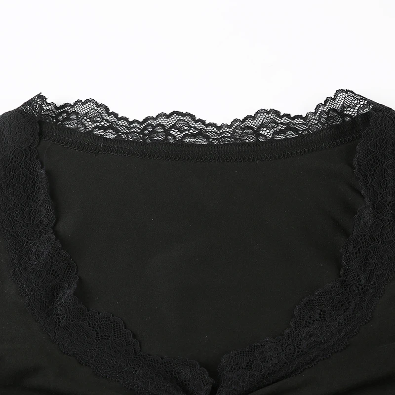 Solid Ruched Lace Trim Square Collar T-Shirt Women Slim Long Sleeve Hotsweet Retro Autumn New Top Tees Chic