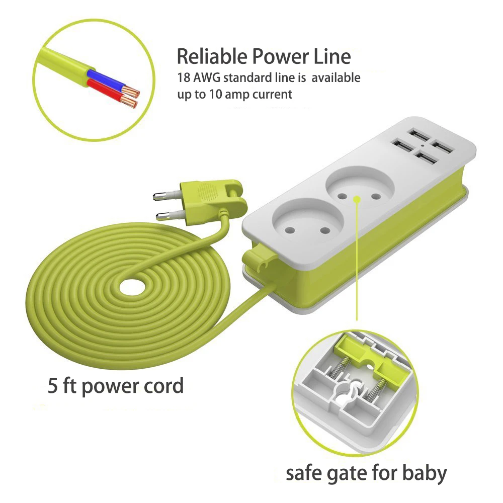 Power Strip EU Plug 1.5M Extension Cable 4USB Port Charger Portable AC Adapter