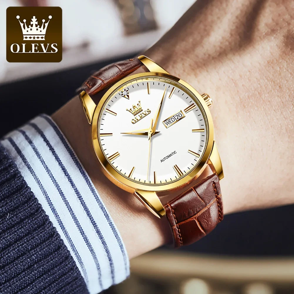 OLEVS 6629 Men Wristwatch Automatic Mechanical Genuine Leather Strap Business Watch For Men Luminous Waterproof