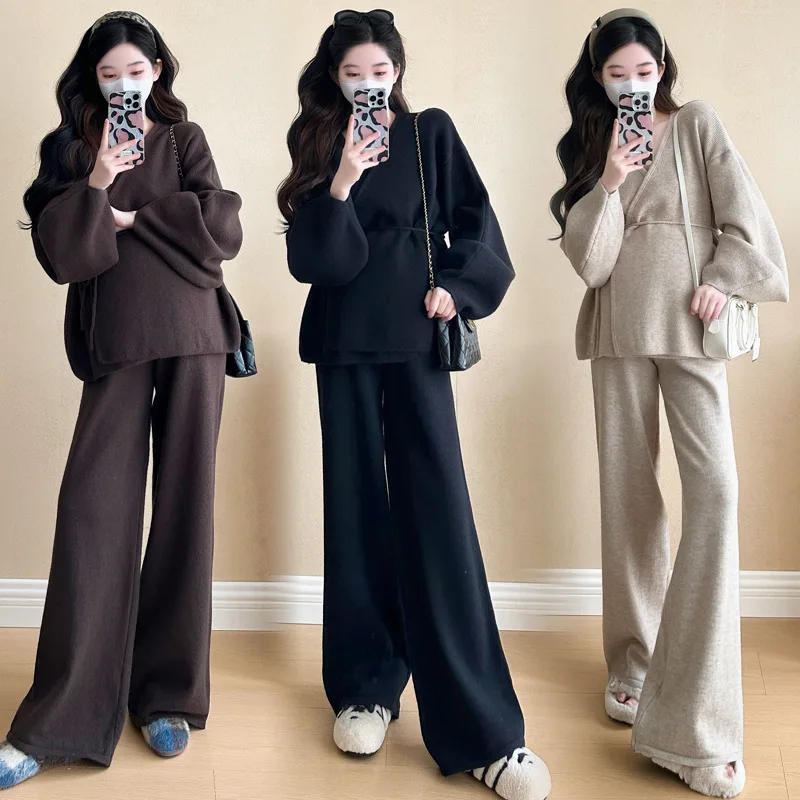 Maternity Wear Fall Winter Clothes Set Korean Lantern Sleeve Sweater+ Wide-leg Pants 2Pcs Fashion Models Suit Pregnant Clothes