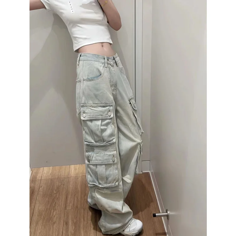 

Blue Jeans Women High Waist American Street Wide Leg Pants Vintage Straight Baggy Multiple Pockets Plus Size Mom Denim Trousers