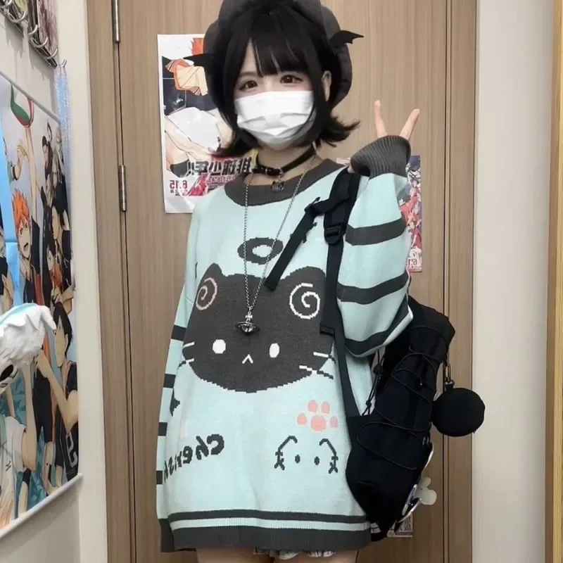 Y2k Striped Kawaii Women Sweaters Cartoon Embroidery Harajuku Japanese Fashion Knit Pullovers Loose Cute Winter 1