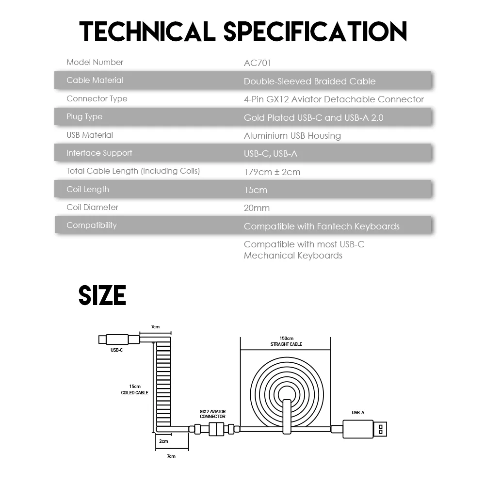 FANTECH AC701 Mechanical Keyboard Coiled Cable Type C Usb Port Cable Keyboard Aviator Desktop Computer Aviation Connector