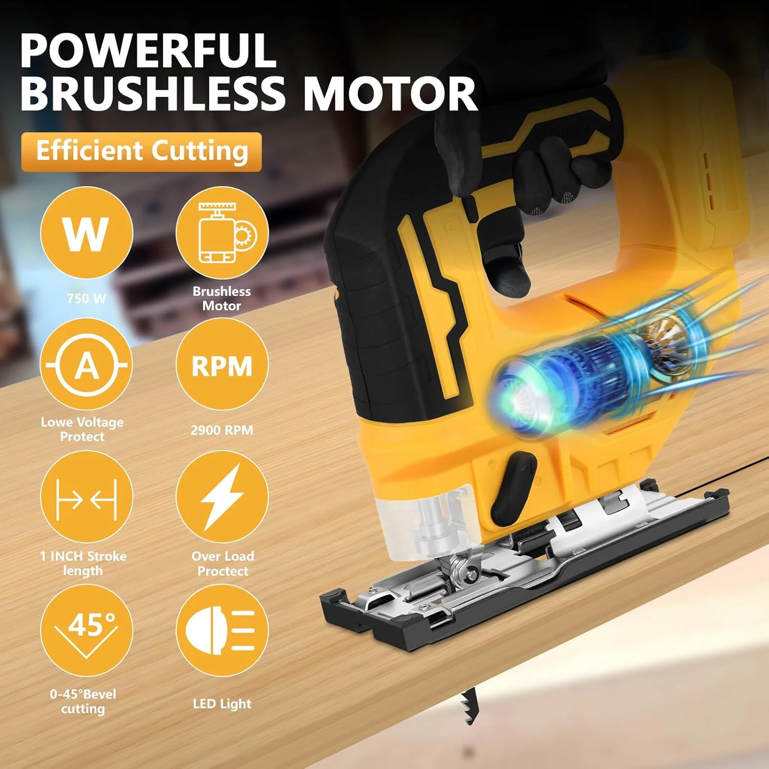 Beveled Cuts Cordless Jigsaw Tool Brushless Motor 2900RPM 45 Degree LED Light 4 Curve Cuttings for Dewalt 18V/20V Max Battery cordless jigsaw