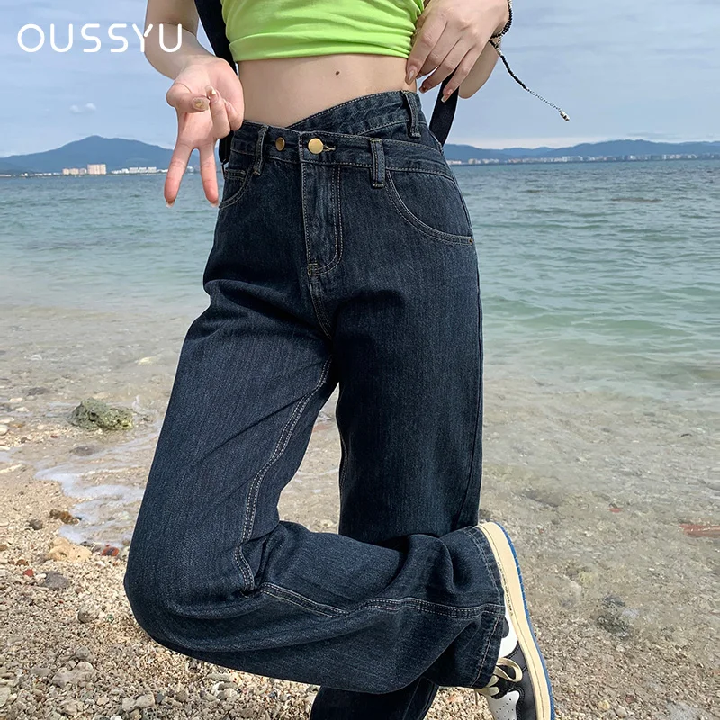 ダークブルー ハイウエスト ワイドレッグ デニム ダークブルーのレディースジーンズ,ハイウエスト,ヴィンテージ