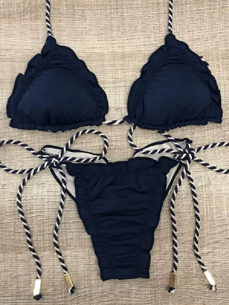 Sexy Halter Swimsuit Women Thong Micro Bikini Push Up 2023 Brazilian Bikini Tropical Plant Print Swimwear String Mini Swimsuit
