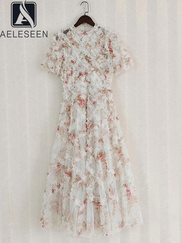 

AELESEEN Runway Fashion Ball Gown Dress Women Summer Flower Print ELegant 3D Ruffles Edible Tree Fungus Luxury Party Prom