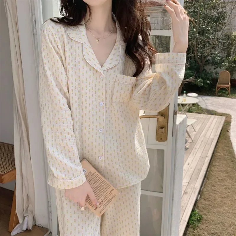 Spring Autumn New Women Thin Pajamas Loose-Fitting Large Size Female Floral Nightclothes Two-Piece Fashion Casual Wear Homewear