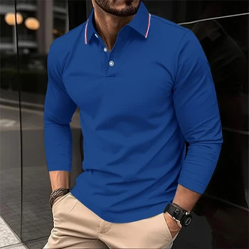2025 Polo estiva da uomo a maniche lunghe con risvolto Polo casual traspirante e confortevole T-shirt maschile di alta qualità solida Dropshipping