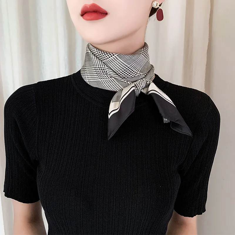 New Fashion Blue Silk Square Streak Scarf Women Satin Neck Hair Tie Band Soft Work Neckerchife Hijab Head Female Foulard 3