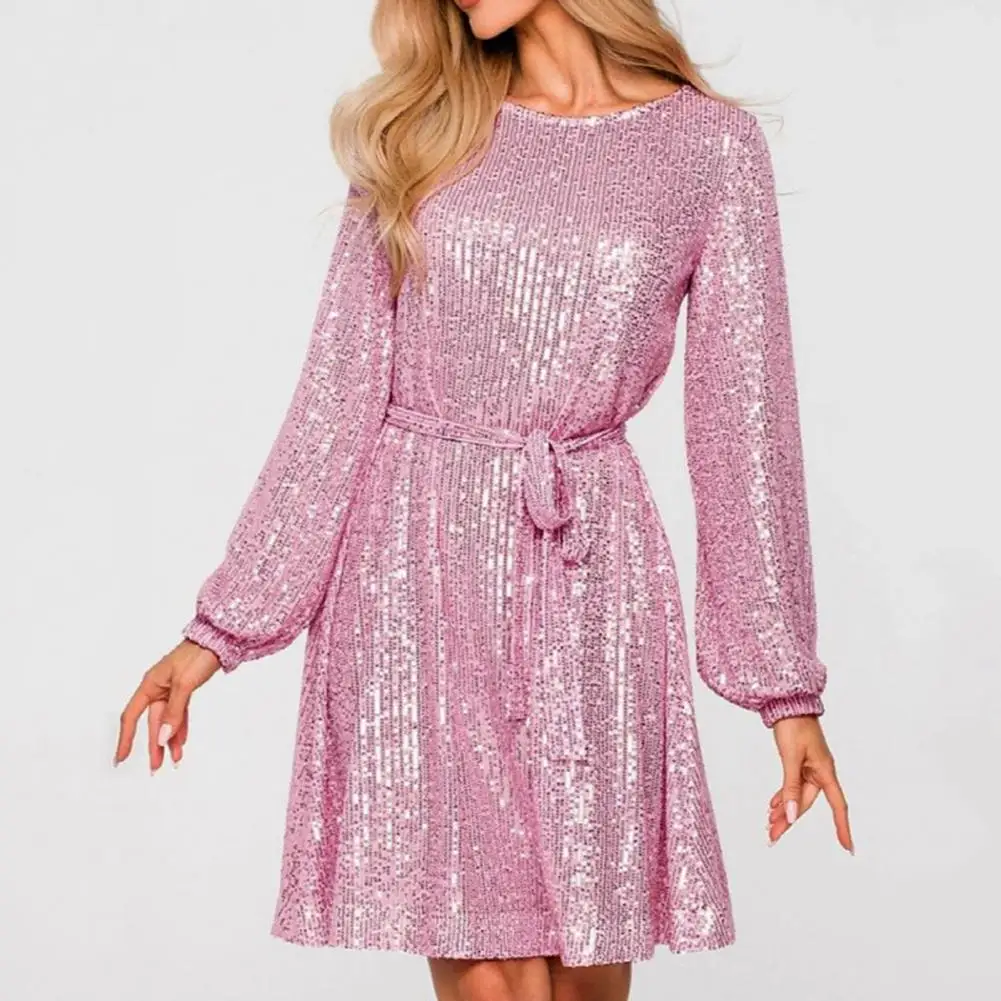 

Women Dress Sparkling Sequin Mini Dress With Lace-up Detail For Women Shiny Round Neck Long Sleeve Tight Waist Party Dress Soft