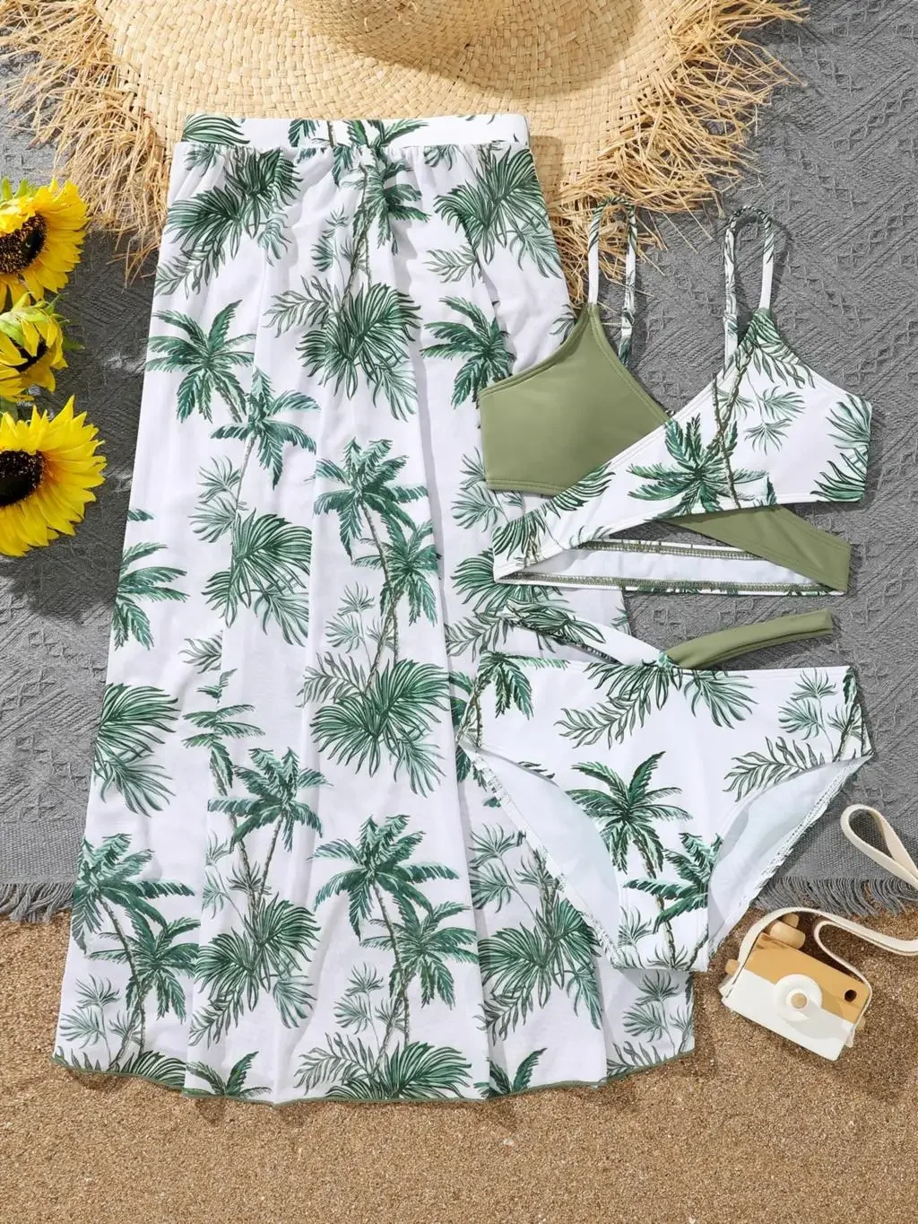 Girl 3pack Palm Tree Print Bikini Swimsuit with Beach Skirt Children's Swimwear for 7-12 Years Swimming Bathing Suit